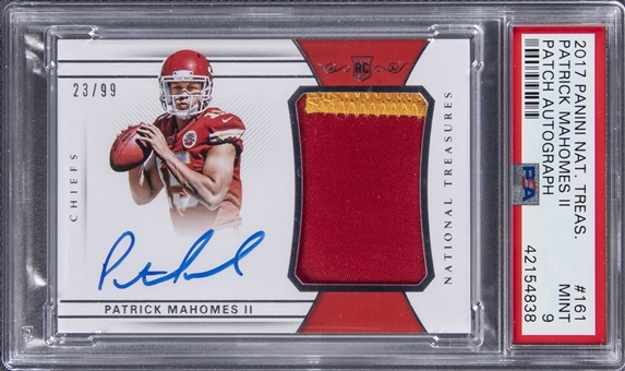2017 Panini National Treasures Patch Autographs #161 Patrick Mahomes II Signed Patch Rookie Card (#23/99) - PSA MINT 9